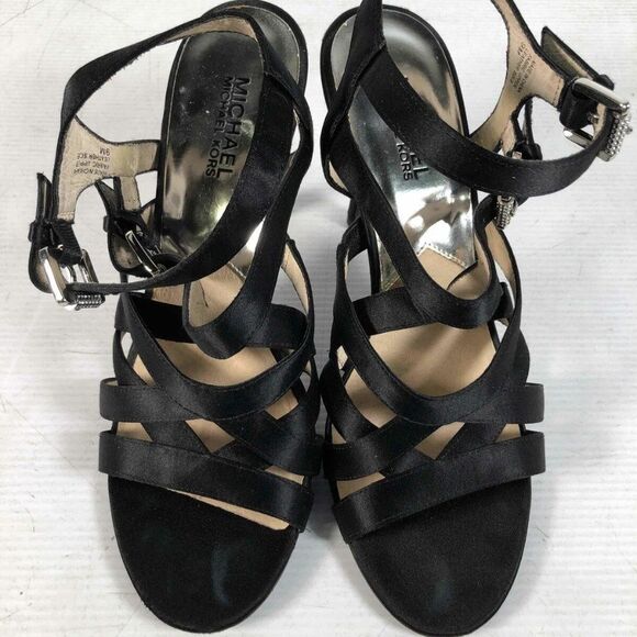 Michael Kors Black Fabric Satin Open Toe Buckle Ankle Stiletto Heel Sandals 9M - Picture 3 of 9